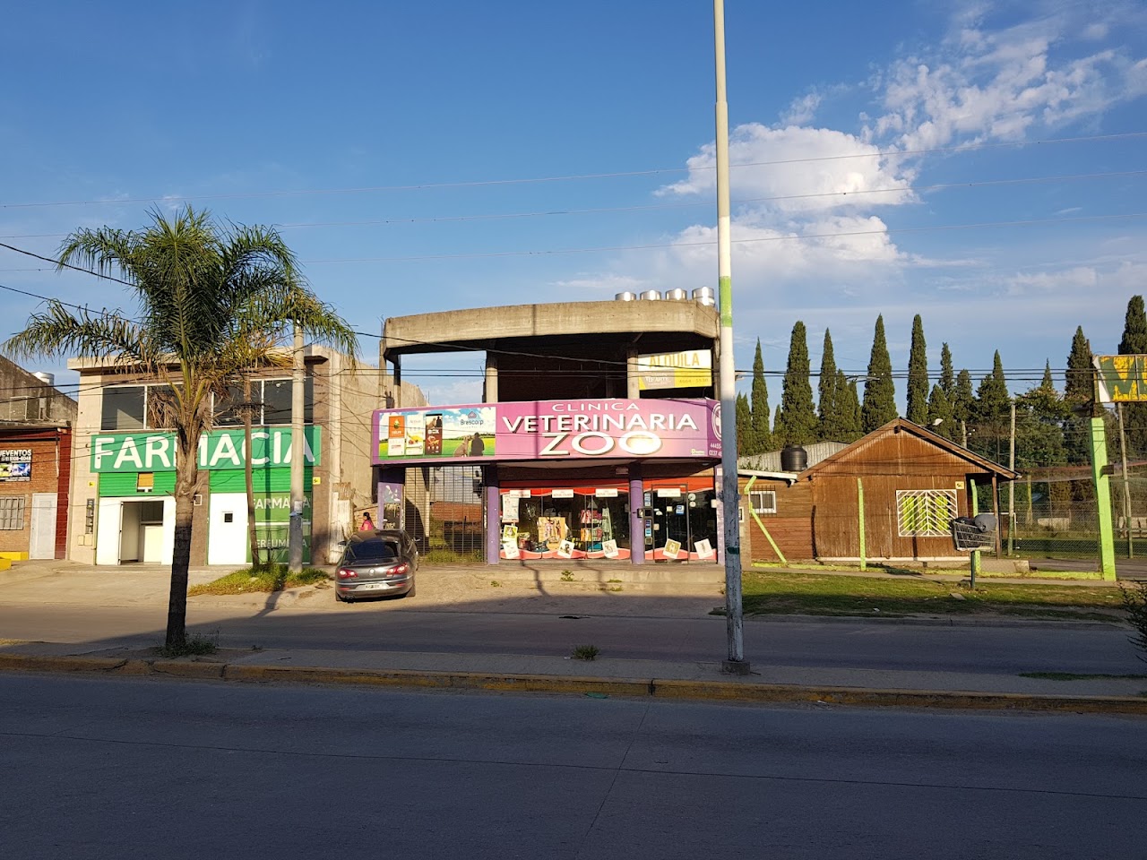 Fachada exterior moderna de Clínica Veterinaria ZOO en Cruce Castelar San Miguel con ventanales iluminados y marquesina violeta y coral